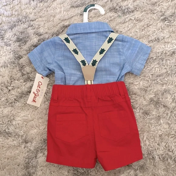 NWT Cat & Jack baby boys Christmas set with suspenders 0-3 month - Picture 2 of 2